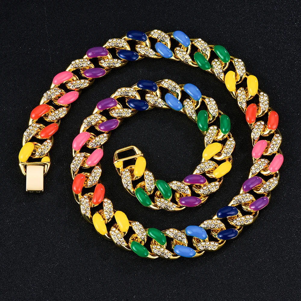 Hip-hop Enamel Rhinestone Colorful Chain Link For Men Miami Punk Pig Nose Cuban Necklace Luxury Crystal Bracelet Jewelry Gift