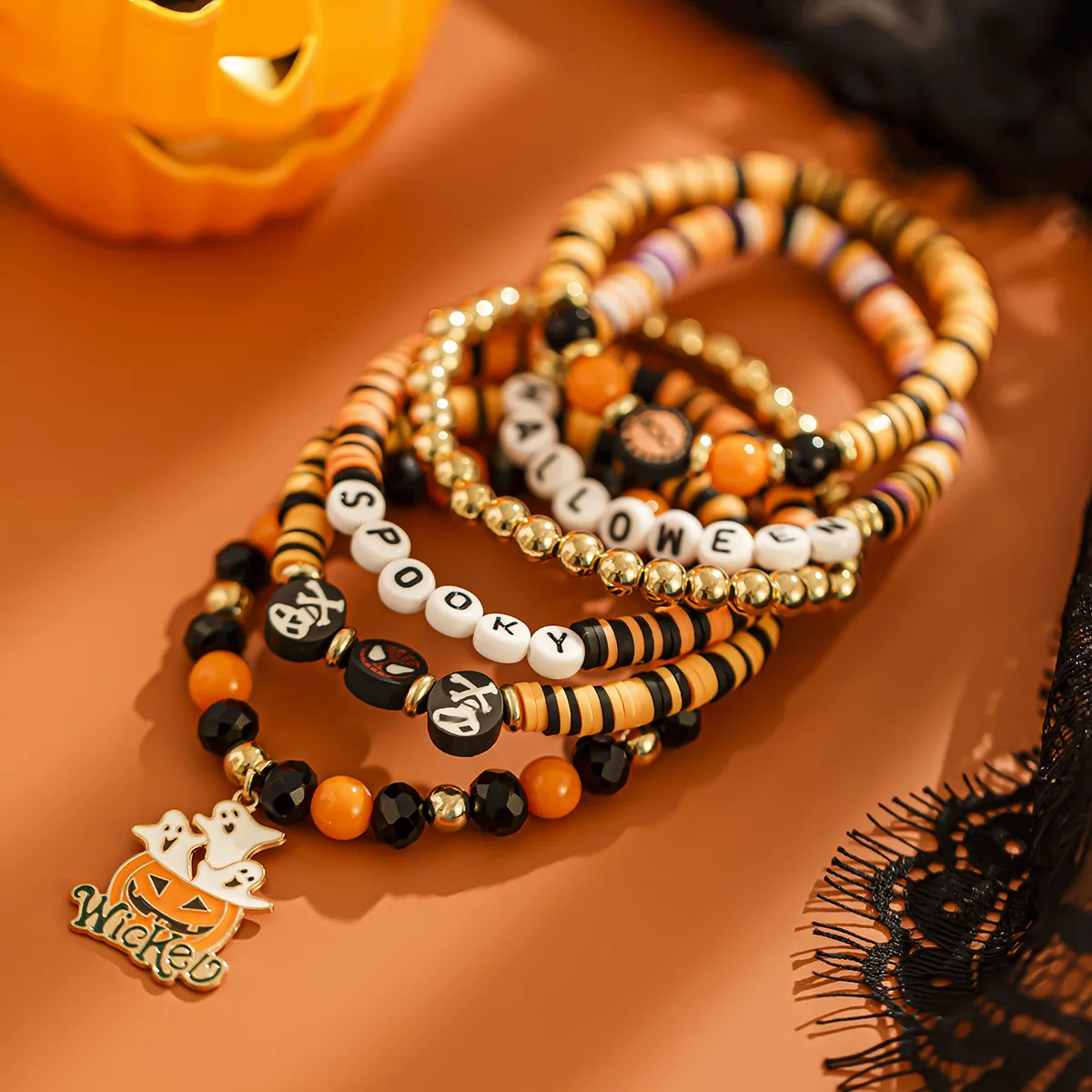 New Arrival Halloween Jewelry Polymer Clay Pumpkin Ghost Punk Alloy Letters Gothic Style Multi-layered Wear Charm Bracelet