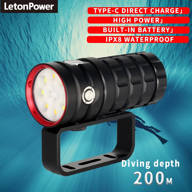 13000 lumens Scuba Diving Torch 120M diving depth Led Flashlight Portable Powerful Type-C  Charging  diving flashlight