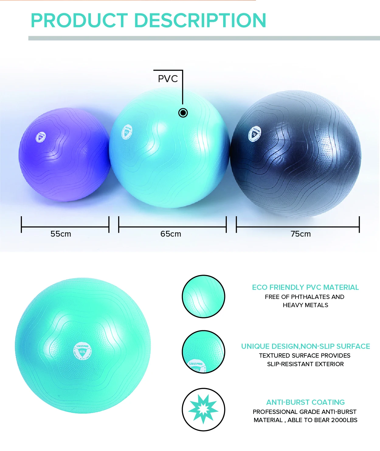 Customized Exercise Custom Logo Colorful Big Pilates Yoga Ball 75cm With Pump