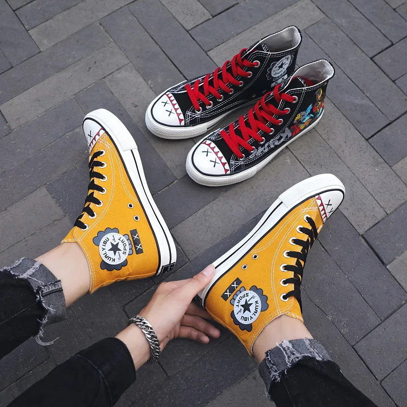 2021 new hot-selling high-top canvas shoes for men and women Korean version trend wild graffiti couple casual shoes