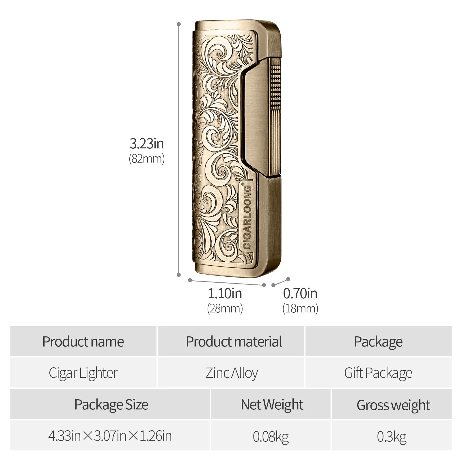 CIGARLOONG Retro Customized Windproof Torch Single Fire Straight Flush Gas Cigar Lighter with Box