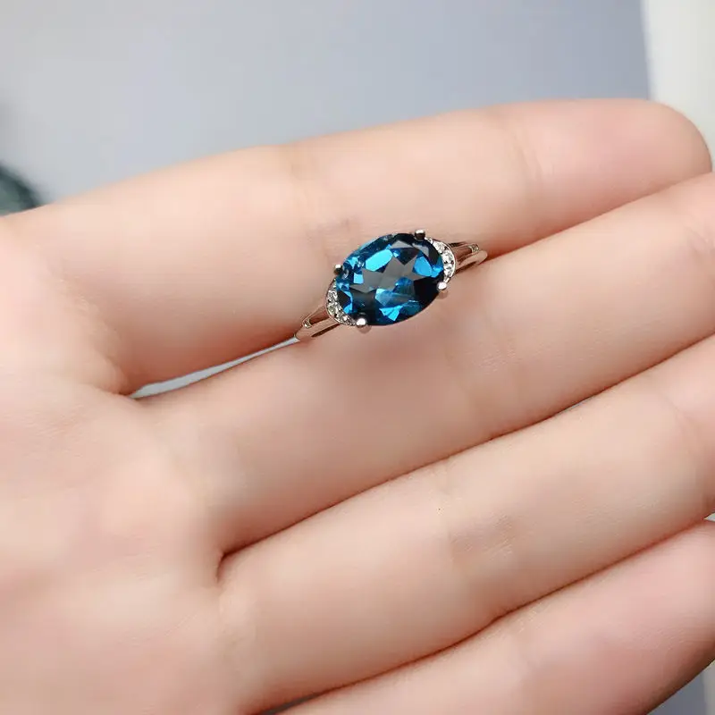 High Quality Natural London Blue Topaz Ring for Women S925 Silver Japan Korean Fashion Sapphire Crystal Ring