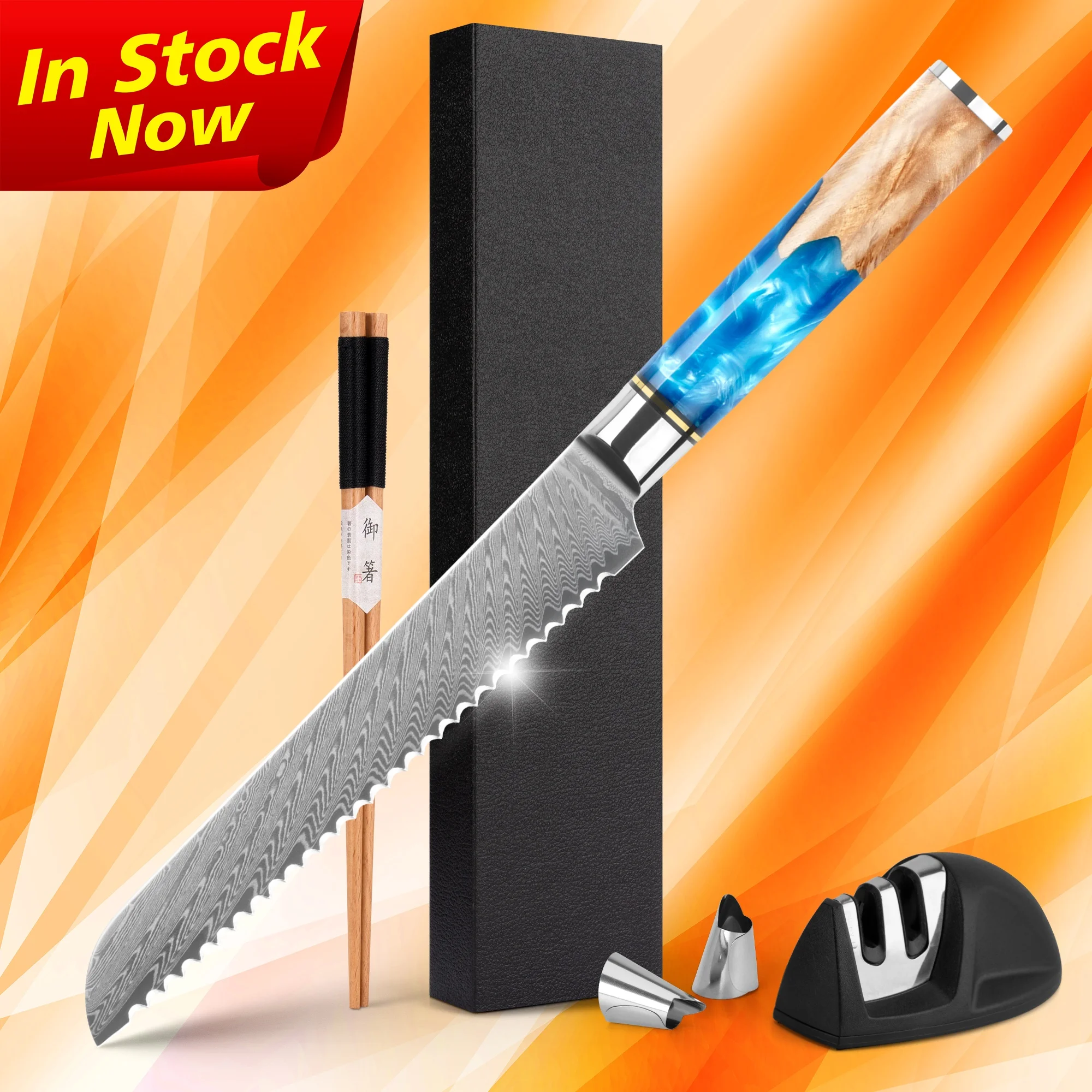 Free Shipping 8 inch damascus bread knife with blue resin wood handle free logo