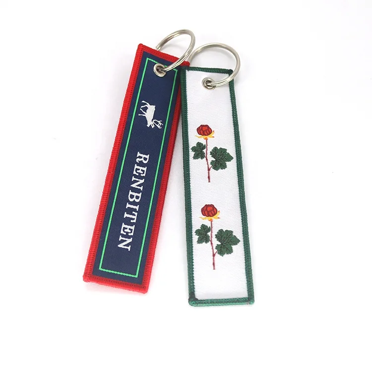 Wholesale Cheap Custom Floral Animal Logo Jet Tags Double Sides Lovely Woven Keychains for Suitcases