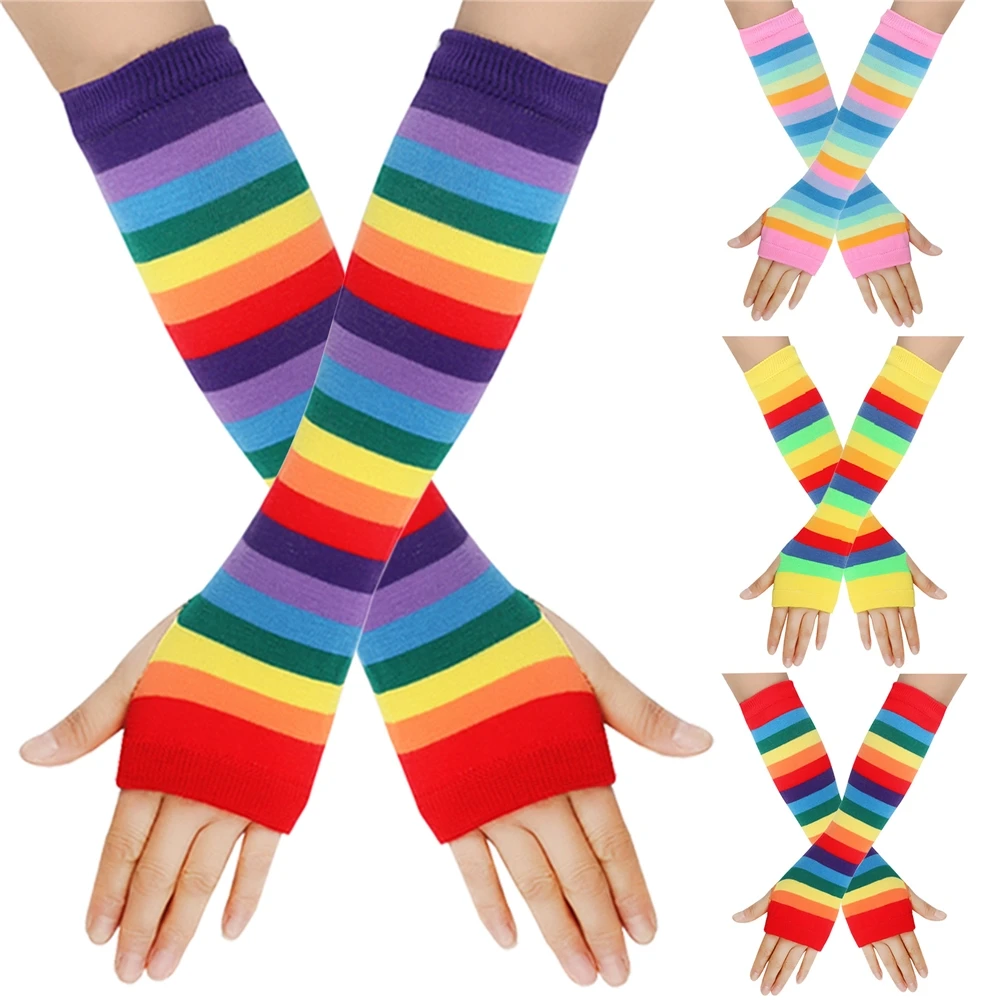 rainbow striped long arm warmer fingerless gloves mittens