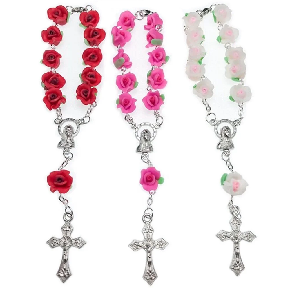 Candy bright color Soft Ceramic beads rose rosary bracelet, soft clay beads denary, baptism gift