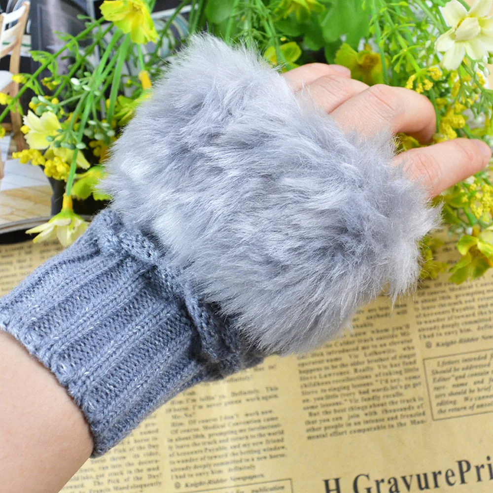 Wholesale Mittens Touch Screen Half-finger Winter Warm Mittens gloves Fluffy Thick Knitted Lady
