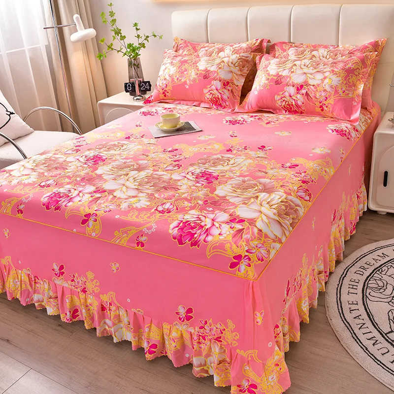 American Style Pink princess wedding red flower nature eco-friendly thin Bed Skirts bed sheet
