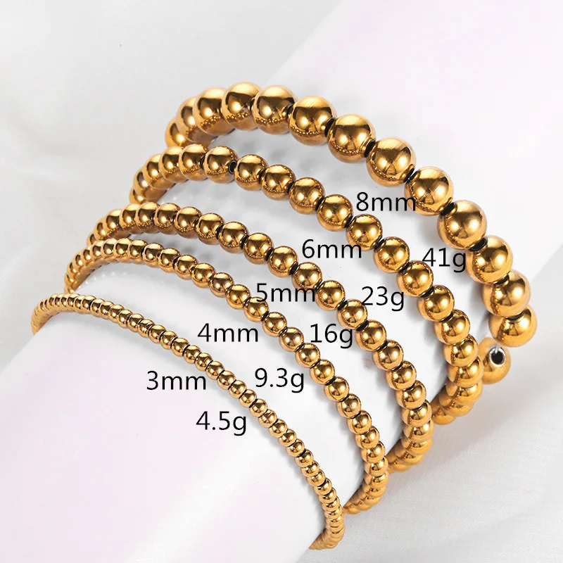 4mm 6mm 8mm Stackable 18K Gold Plated Stretch Beads Ball Bracelet Fashion Simple Stainless Steel Beaded Bracelets for Women