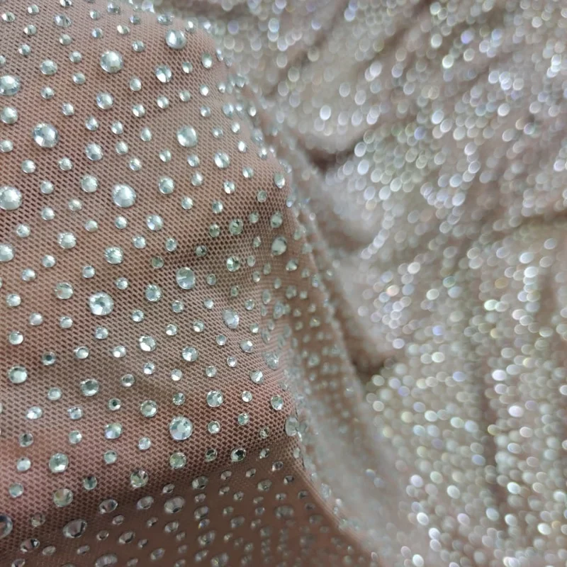 Hot Sale Rhinestone Clothing Material Starry Crystal Stretchable Mesh Fabric Any Color Can Custom