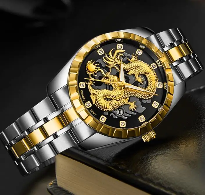 New Golden Mens Watches Top Brand Luxury Chinese Dragon Watch Business Full Steel Quartz Clock