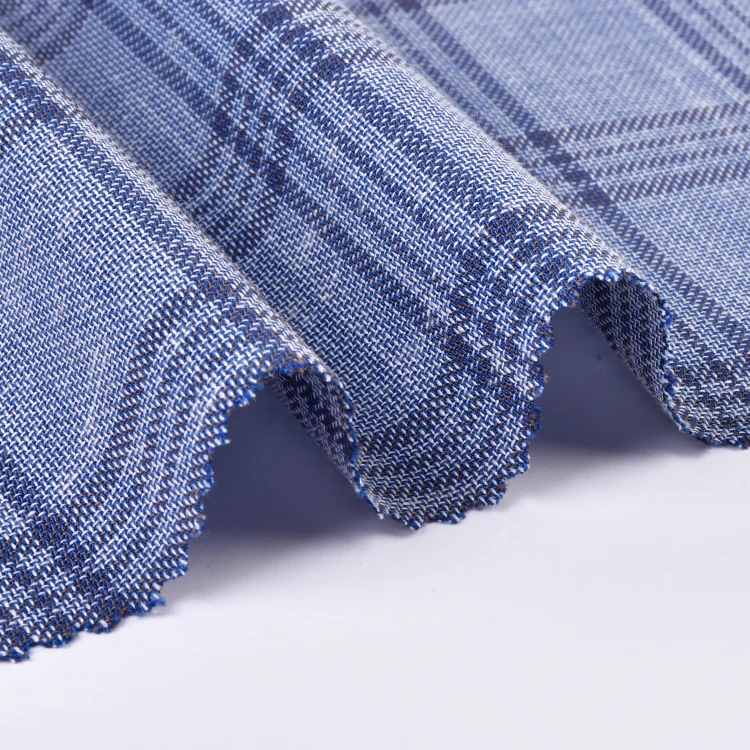 2024 Hot Sale Blue Plaid Striped Shirt Cloth Fabric Custom Classic Suit Polyester Linen Fabric