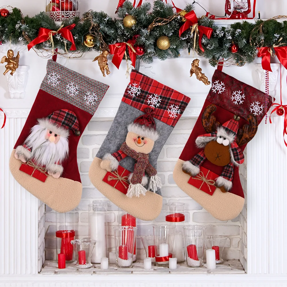 New Large Polyester 3D Christmas Doll Stocking For Xmas Home Tree Decoration