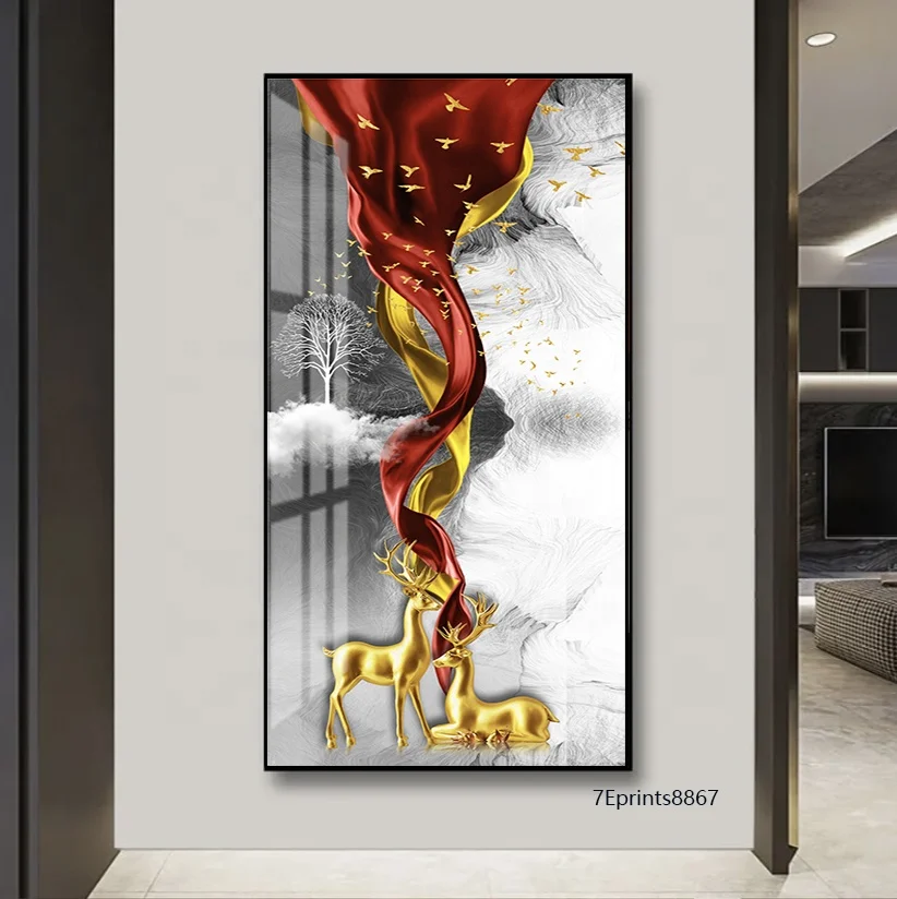 Golden Tree Deer Art Crystal Porcelain Abstract Decorative Wall Painting For Home Decor Hotel