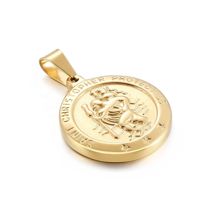 MECYLIFE Stainless Steel Gold Plated Medallion Saint Christopher Protect Us Religious Jewelry Men Coin Necklace