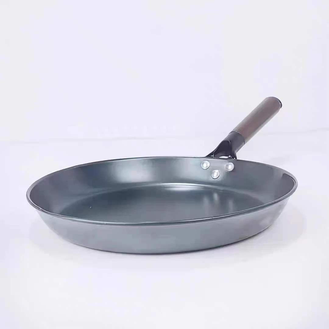 Wholesale Cast Iron Wok Pan Black Carbon Steel Frying Induction with Wooden Handle