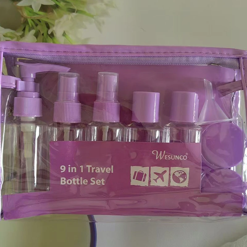 Wholesale Plastic Travel Set Bottle Zipper Bag 9Pieces Set 60ml For Cosmetic Container Lotion Spray Flip Cap Bottle Jar Reusable