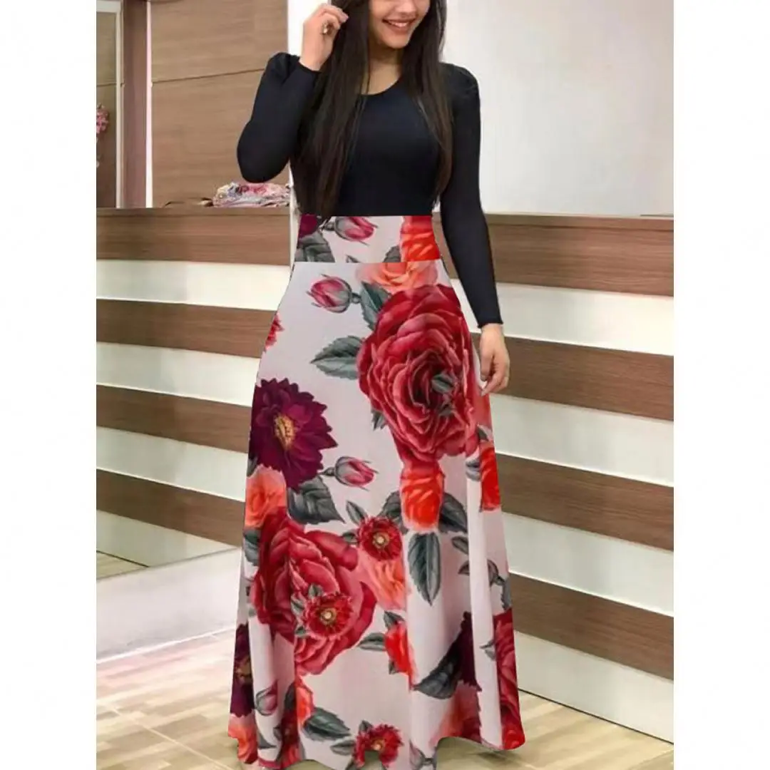 S-5XL Wholesale autumn spring women latest floral printing Bohemian design splicing long sleeve new fashion casual long dress
