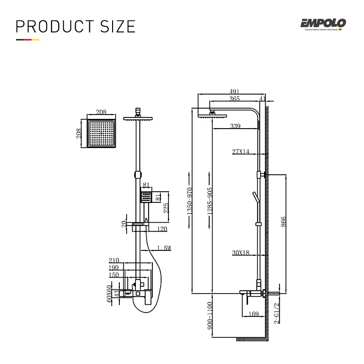 Empolo Luxury Switch Shower Waterfall Square Shower Head Concealed 3 Functions Black Shower