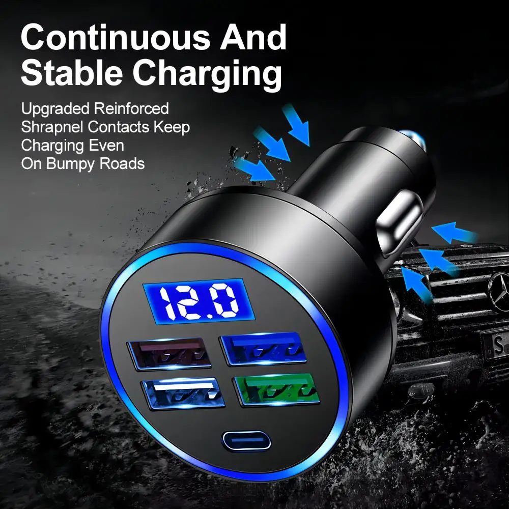 4 USB Port and 1 USB C Fast Car Phone Chargers With LED Voltage Display 5 Ports Mobile Phones Car Charger