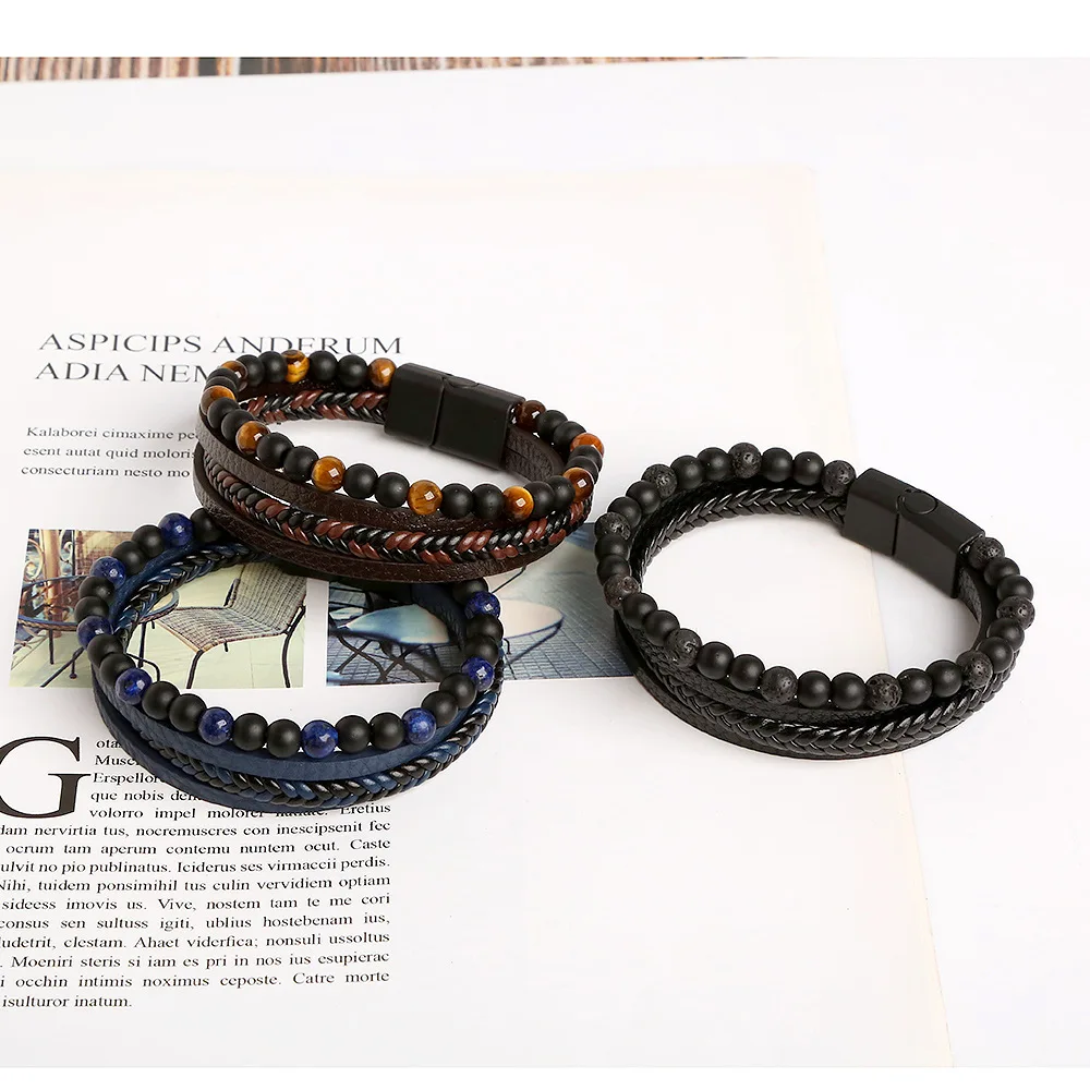 Hot Sale Fashion Jewelry Leather Stainless Steel Bangle Woven Tiger Eye Natural Stone Alloy Mens Bead Bracelet