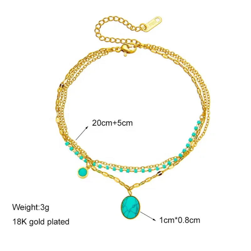 Wholesale Trend Jewelry Gemstone Bracelet Fashion Non Tarnish Stainless Steel Muti Layer Turquoise Link Chain Bracelet For Women