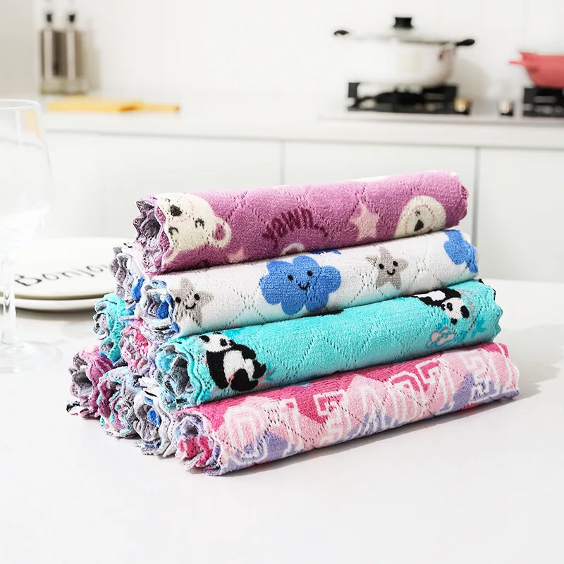 Custom Premium Super Absorbent Double-sided Colors Microfiber Coral Fleece Kitchen Dish Rag Cleaning Cloths Towels for Household