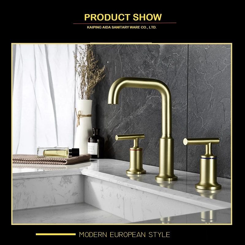 Northern Europe style brass 3 hole brush gold bathroom faucet