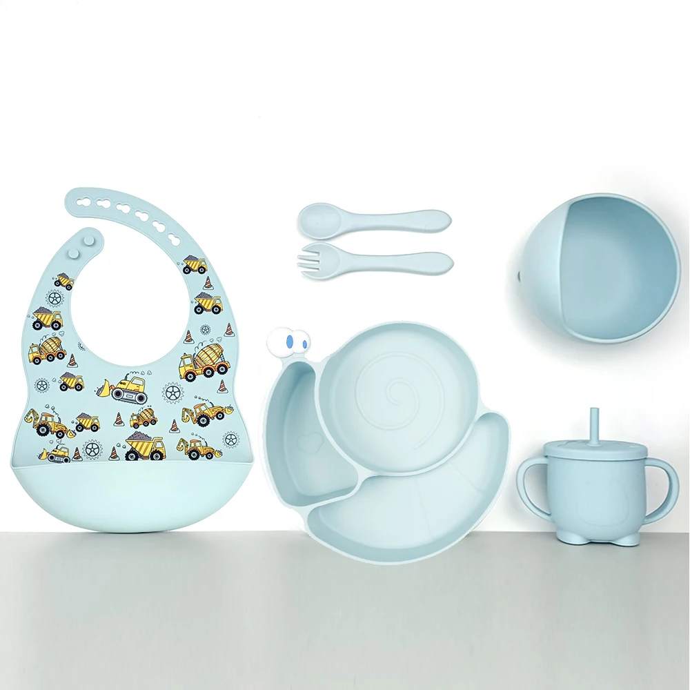 Silicone Feeding Set With Pattern Baby Bibs Snail Plate And Straw Cup For Baby Dining Tableware Set Waterproof Babero