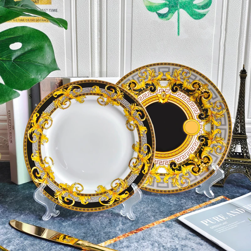 Western Dinner Plate 10inch And 8inch Steak Flat Tray Bone China Dinnerware Set Golden Edge Luxurious Tableware