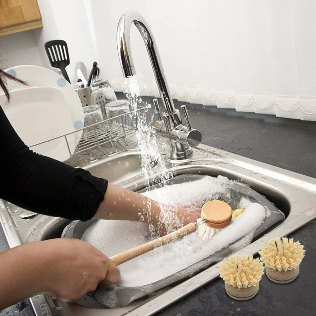 Kitchen brush with replaceable head wooden sisal