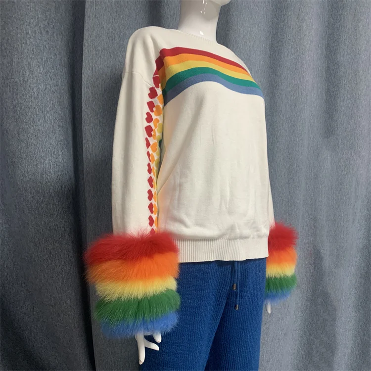 Spring fashion girls lovely real fur sweater custom rainbow color cuff designer popular women sweater