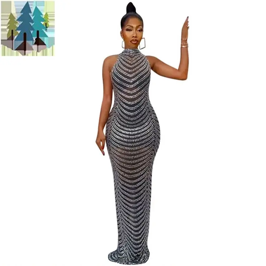 party dress fashion hot drill see-through floor skirt summer 2022 new arrivals Ladies sexy backless night club