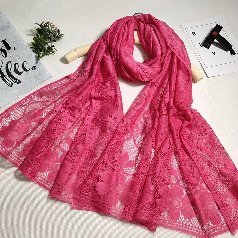 
Lace Silk Scarf Head Scarf Muslim Ladies Scarf Thin Solid Color Hollow Gauze Travel Sunscreen Shawl 