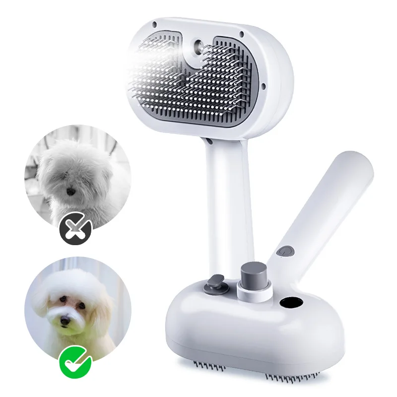 Private label custom logo mist spray rechargeable hair remover self cleaning pet cat grooming brush