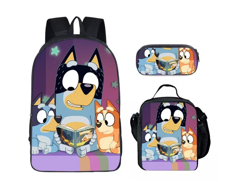 Customization cartoon blueyes dog cartoon image customize 3 in 1 polyester lunch bag pencil case kids school backpack bag set