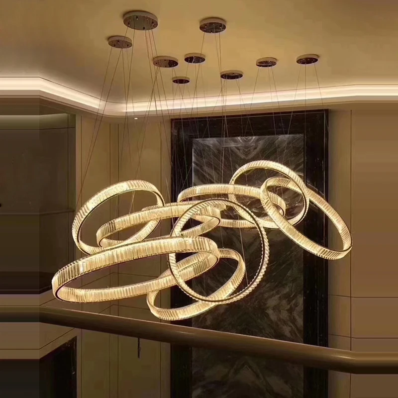 
LED Postmodern Lucky Ring Silver Golden Stainless Steel Crystal Chandelier Lighting Lustre Suspension Luminaire Lampen For Foyer 