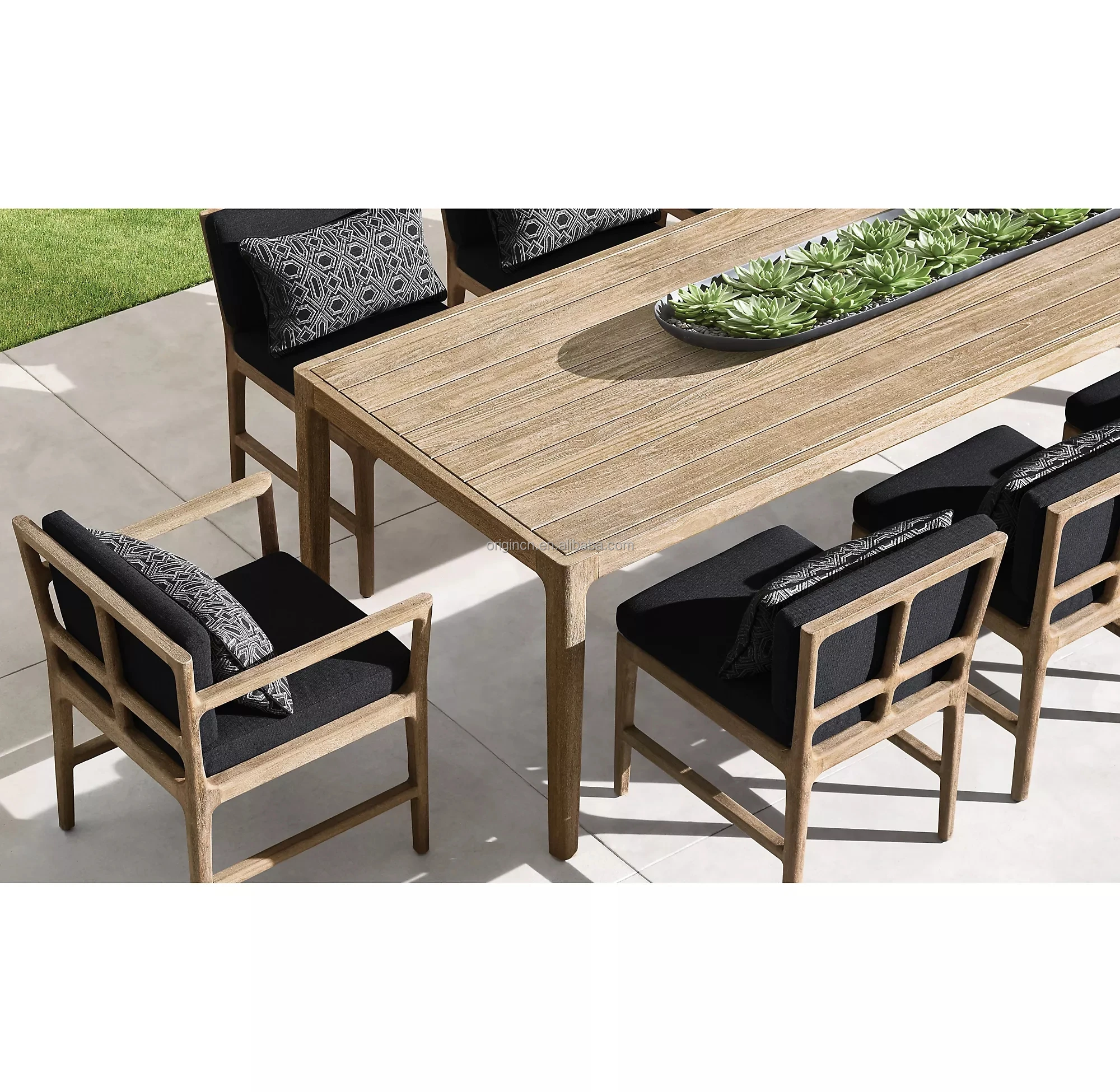 Patio furniture wooden table 8 chairs handcrafted tapering lines soft radius curves teak outdoor dining set