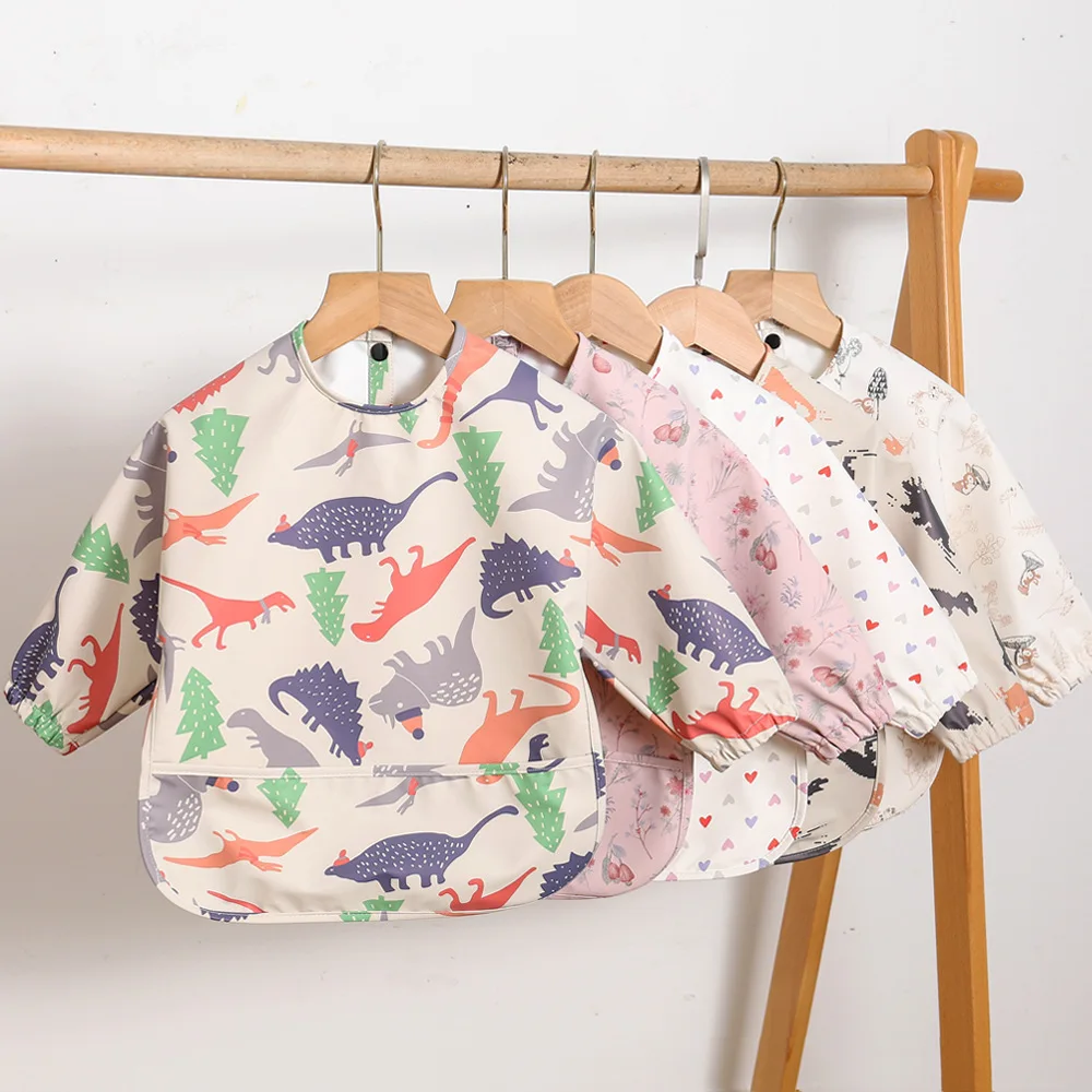 Infant Rice Pocket Feeding Drawing Apron Waterproof Soft Pu Children Accessories Large Bib For Dinner Baby Bibs Long Sleeved