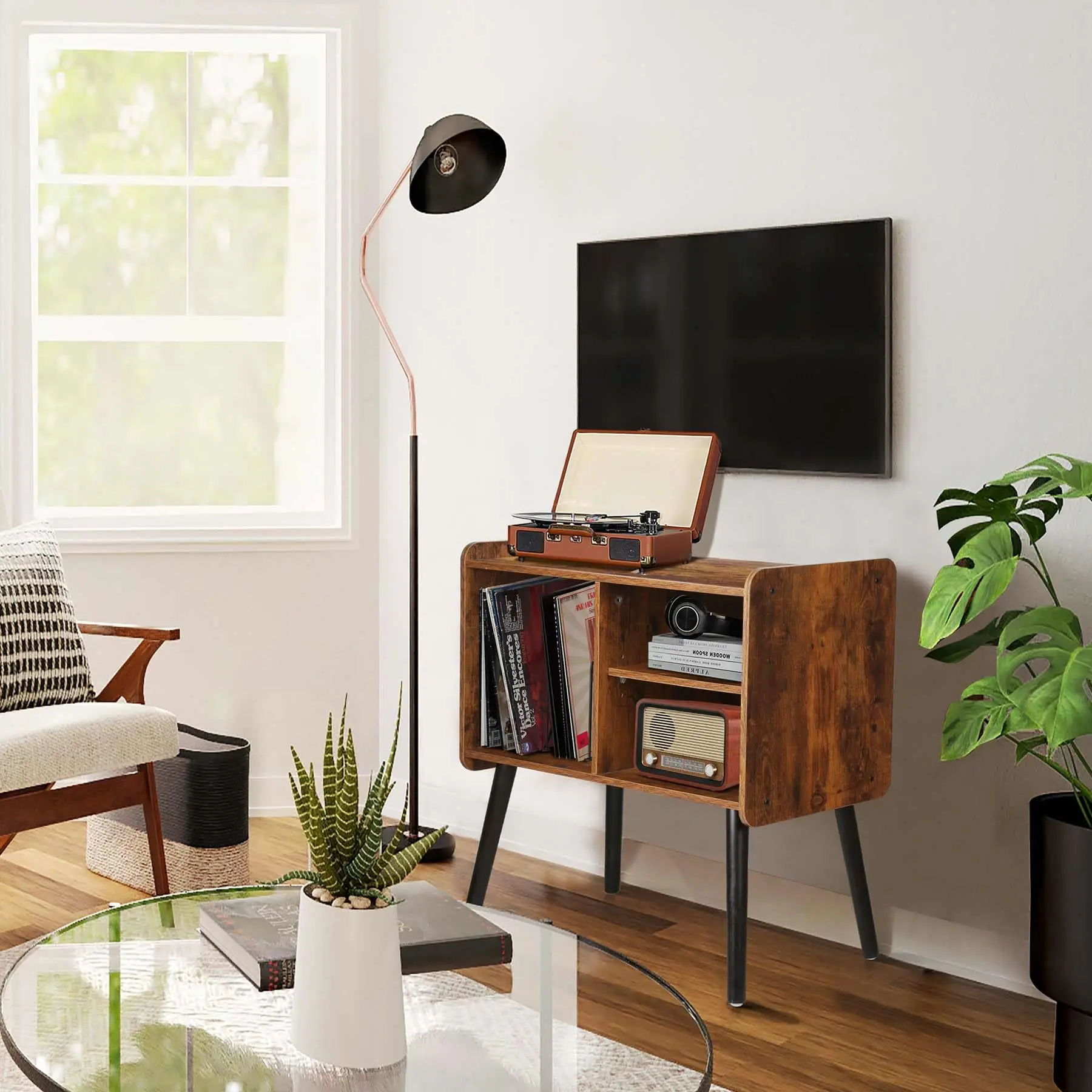 Wooden Record Player Stand Vinyl Record Storage Holder Table with 4 Cabinets Metal Vinyl Record Organizer Stand