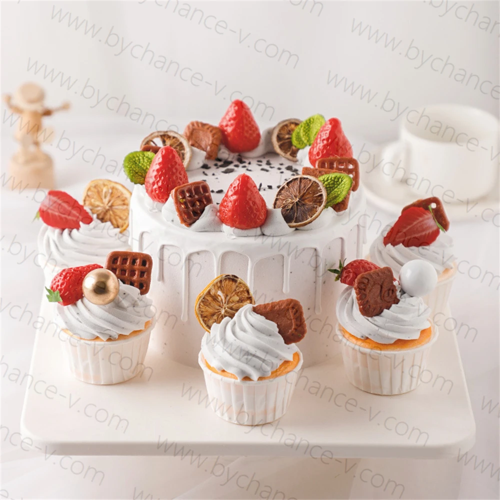 High end artificial strawberry fake birthday cake and cupcakes model kits for Wedding party event elegant centerpieces