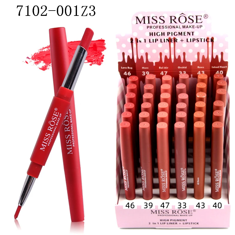 RTS 36 pieces High Pigment Miss Rose lipstick Organic red matte 2 in 1 lipstick vegan Lipstick with and Lip liner Cosmetic