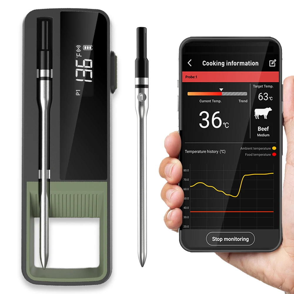 Waterproof Outdoor Smart APP Digital Bluetooth Wireless Kitchen BBQ Meat Thermometer With 2 Food Probes For Grill Oven Cooking