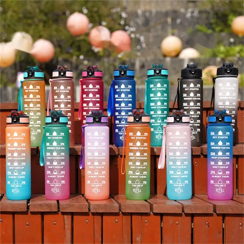 1L 32 oz Straw Strainer Filter Gym Fitness Sports BPA Free Tritan Motivational Water Bottle With Time Marker