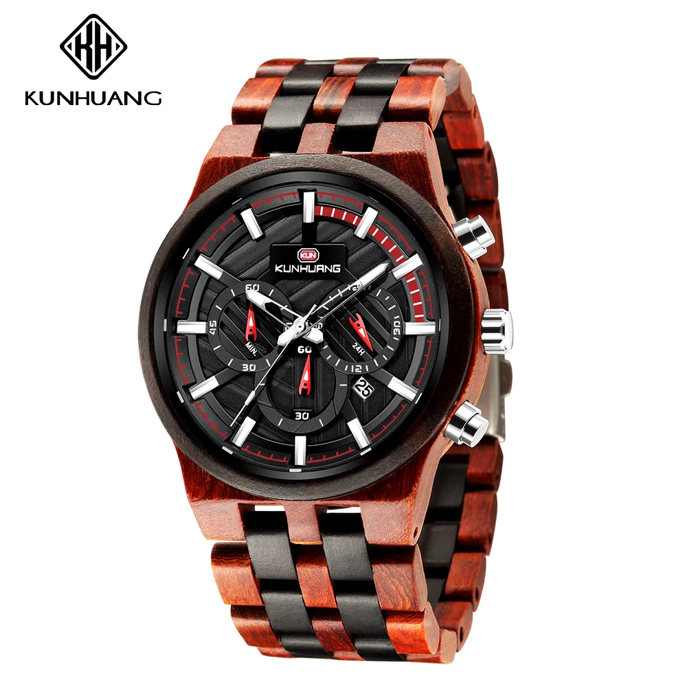 Private Label Natural Wooden Wrist Watch Men Fashion Chronograph Wood Watch