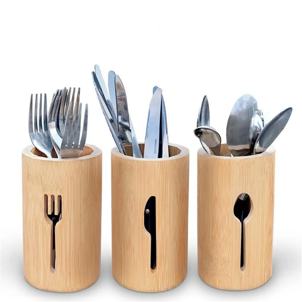 Высокое качество 100% цилиндрические бамбуковые Органайзеры для хранения посуды деревянный держатель для посуды