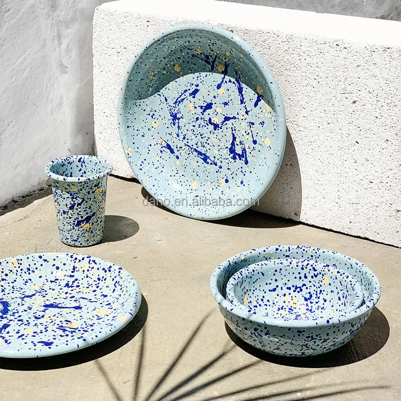 Hot Sale  Enamel Steel Camping Mug Plate set Outdoor Enamel Dinnerware camping mug plate sets