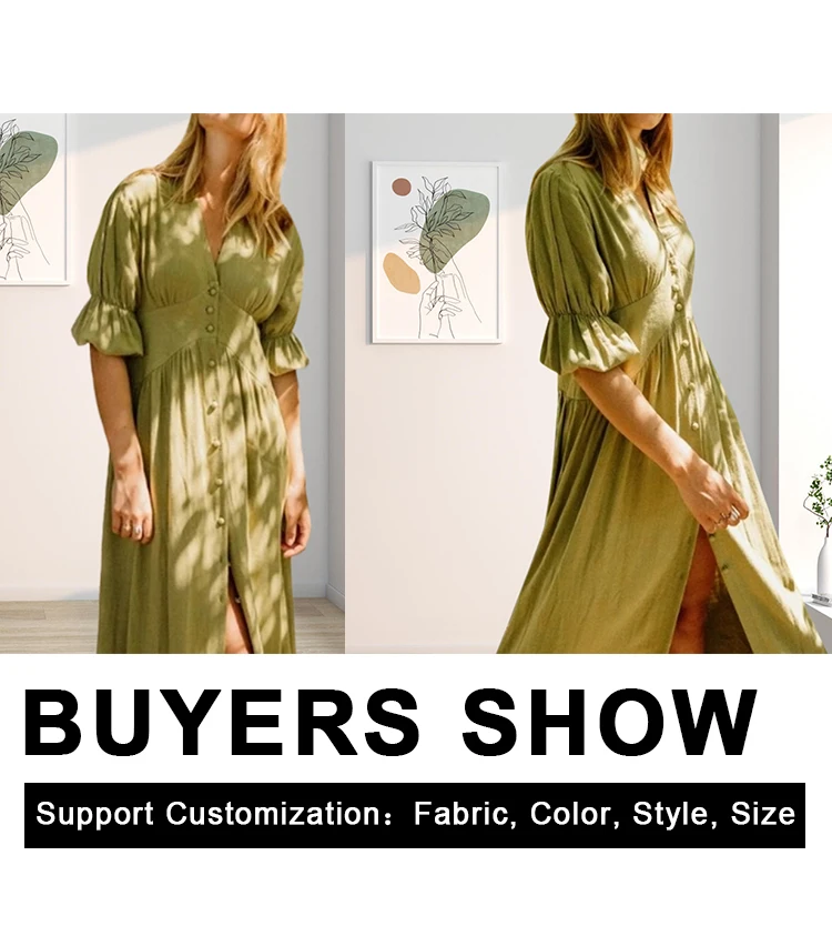 Designer Summer Fashion V Neck Short Sleeve Linen Maxi Dress Custom Women Casual Dresses