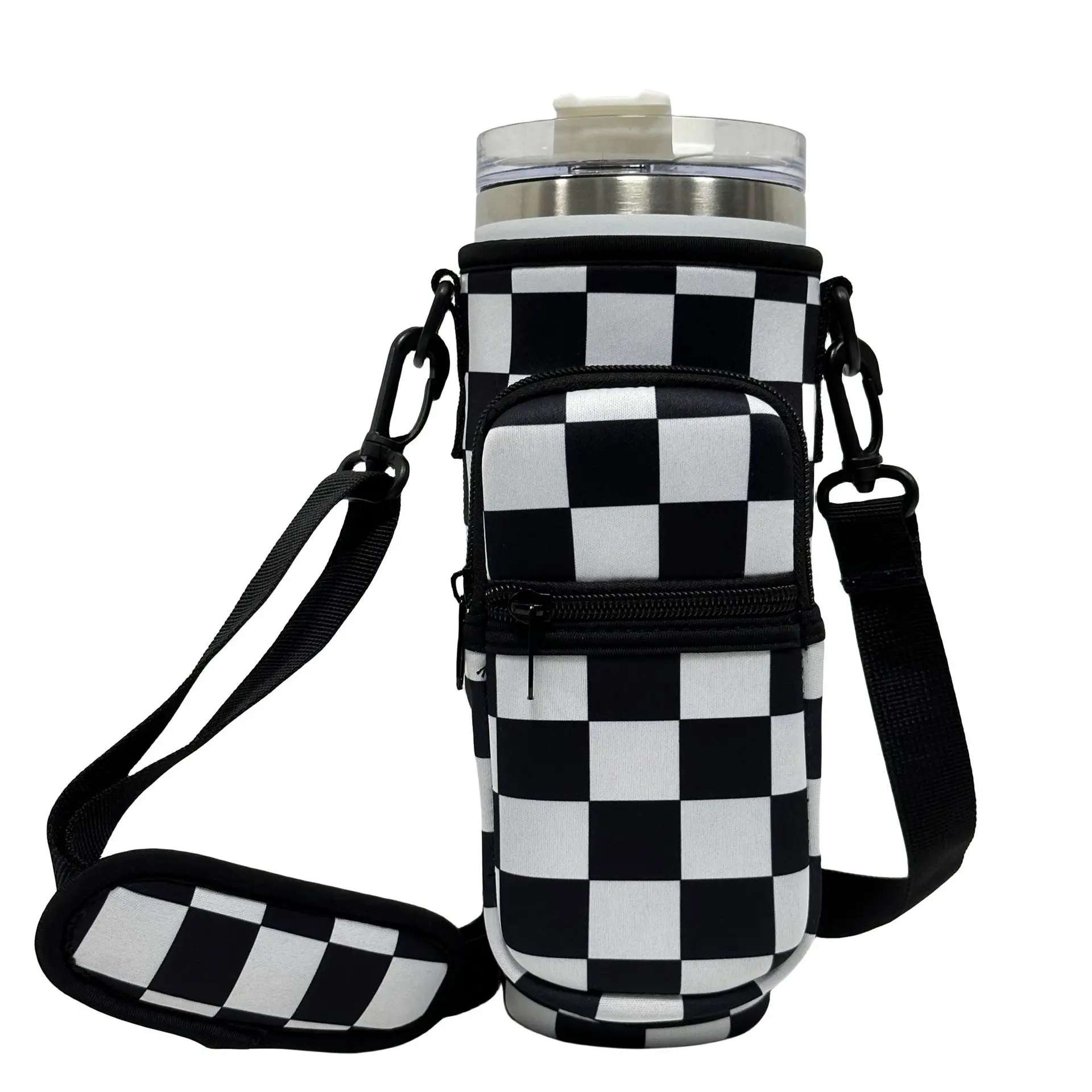 Manufacturer Custom Adjustable Strap Neoprene Water Bottle Carrier Sleeve Pouch Cup Holder Sling Bag With Zipper Phone Pocket